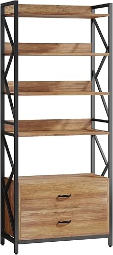 Miniatura 8 de Tribesigns Bookshelf with Drawers, 70.8" Industrial Bookcase with 2 Drawers, 5 Shelf Open Shelf for Storage, Wood Book Shelf for Living Room,