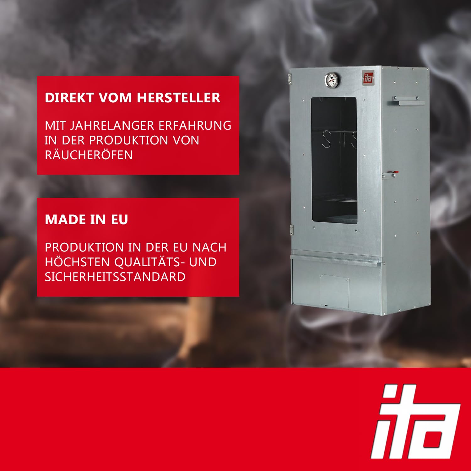 ITA Räucherofen 7000 - Premium Räucherschrank mit 3 Etagen - Legierter Stahl, mit Sichtfenster & Thermometer - EU Qualität Direkt vom Hersteller - Smoker zum Kalträuchern & Heißräuchern
