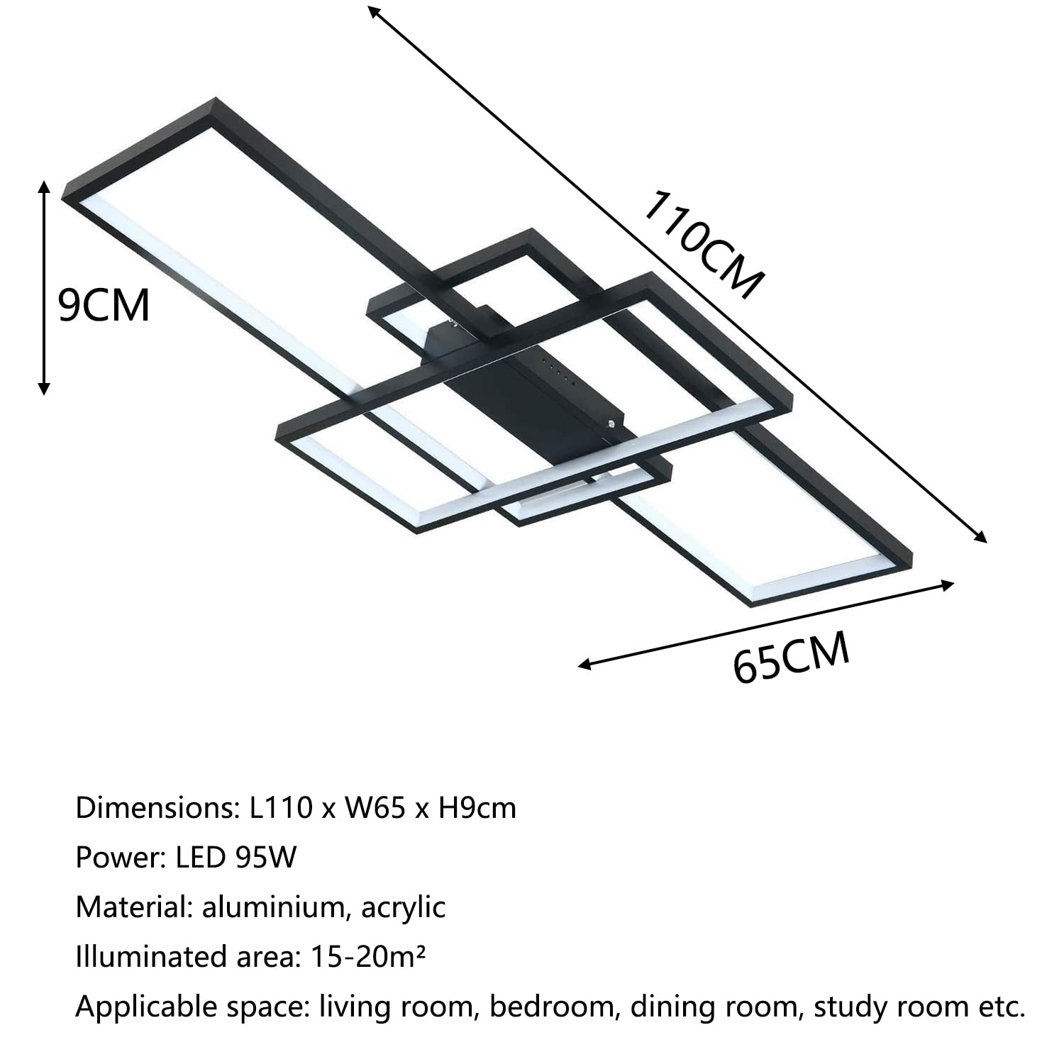 95W LED Lampada da soffitto Plafoniera a LED Soggiorno Dimmerabile con telecomando Soffitto Lamp Moderno Rettangolo Quadrato Designer nero Lampadari per Camera da letto Cucina Sala da pranzo Ufficio