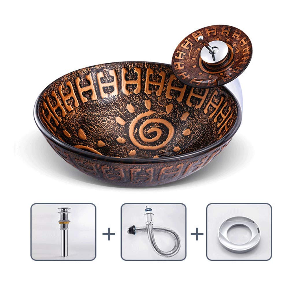 ASerZenith Totem Pattern Vessel Sink Tempered Glass Above Counter Modern Creative Round Bathroom Washing Basin Combo With Waterfall Faucet, Vintage Lavatory Bowl For Home Hote
