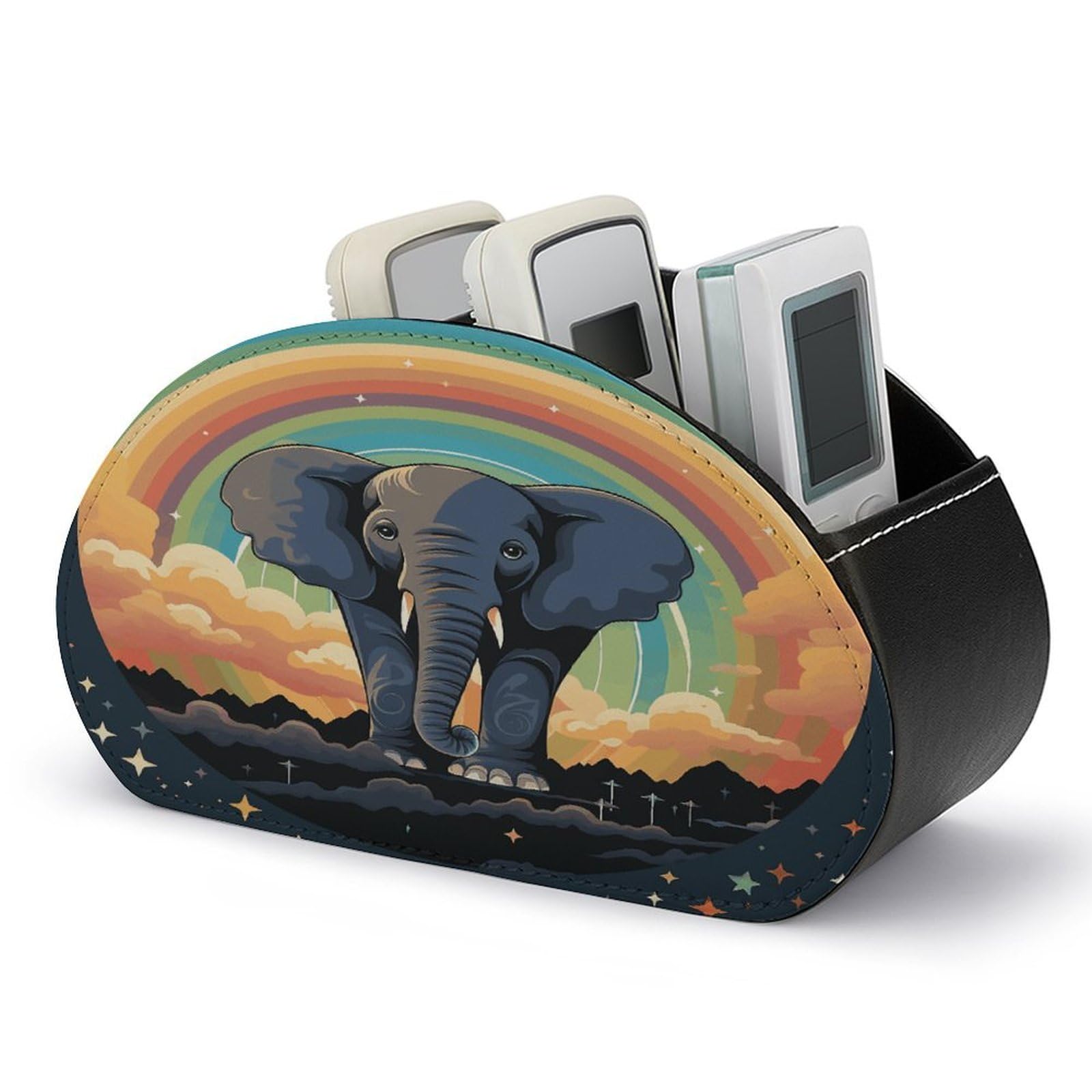 A Cute Elephant on A Rainbow Background Remote Control Holder with 5 Compartments Multi-functional TV Remote Caddy Organizer Leather TV Remote Holder Desktop Organizer Store for Bedside Table Office D