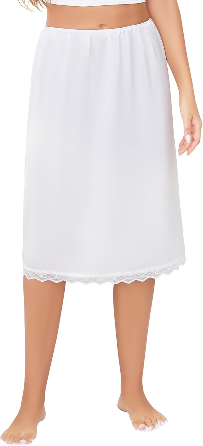 Vlazom Women's Long Half Slip-Satin Lace Underskirt with Lace Trim,Half Slip for Under Dresses & Skirts S-3XL