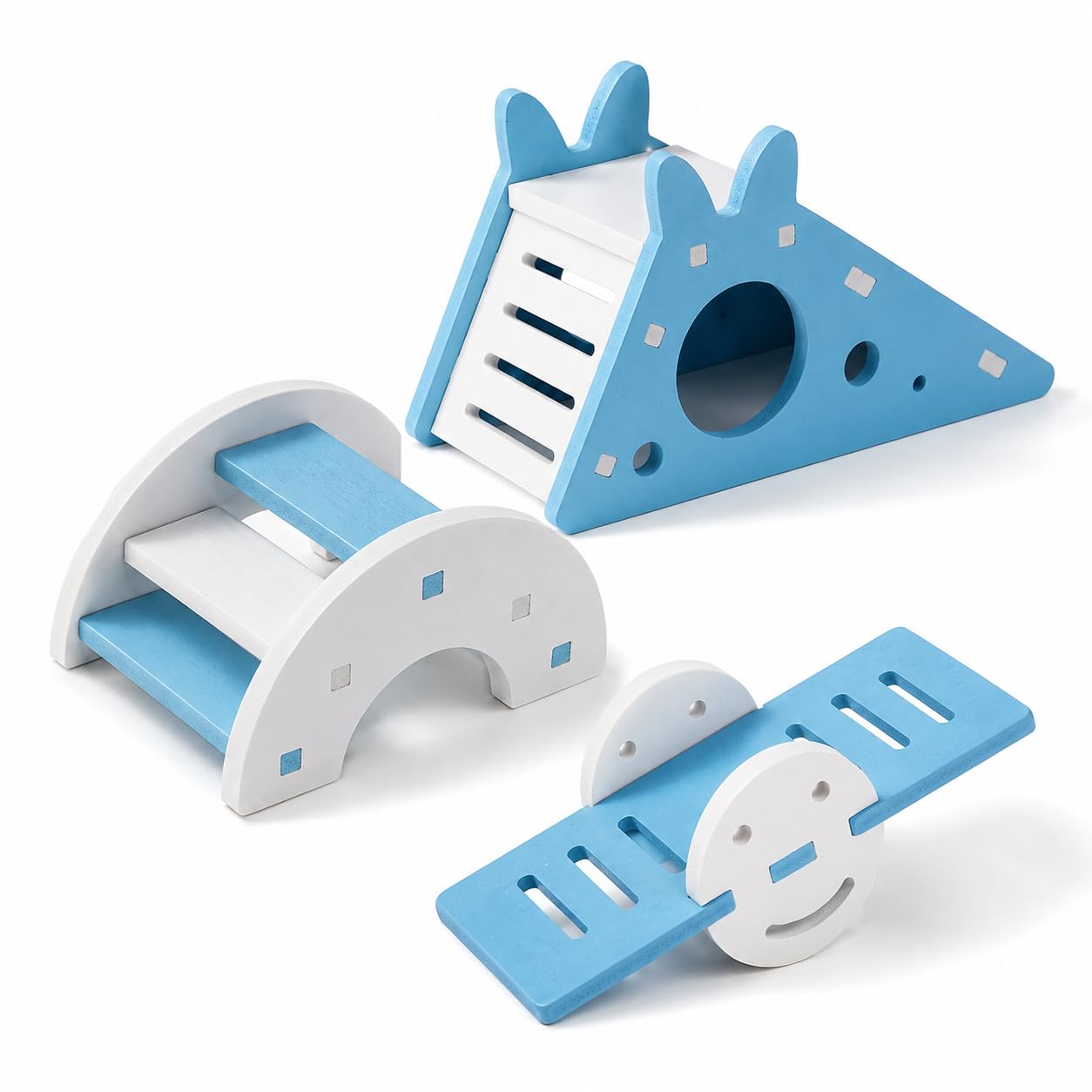 3-Piece Hamster Toys Set, Blue Hamster House with Slide, See-Saw Toy and Rainbow Bridge, Small Pet Habitat Accessories for Climbing and Resting-image-45