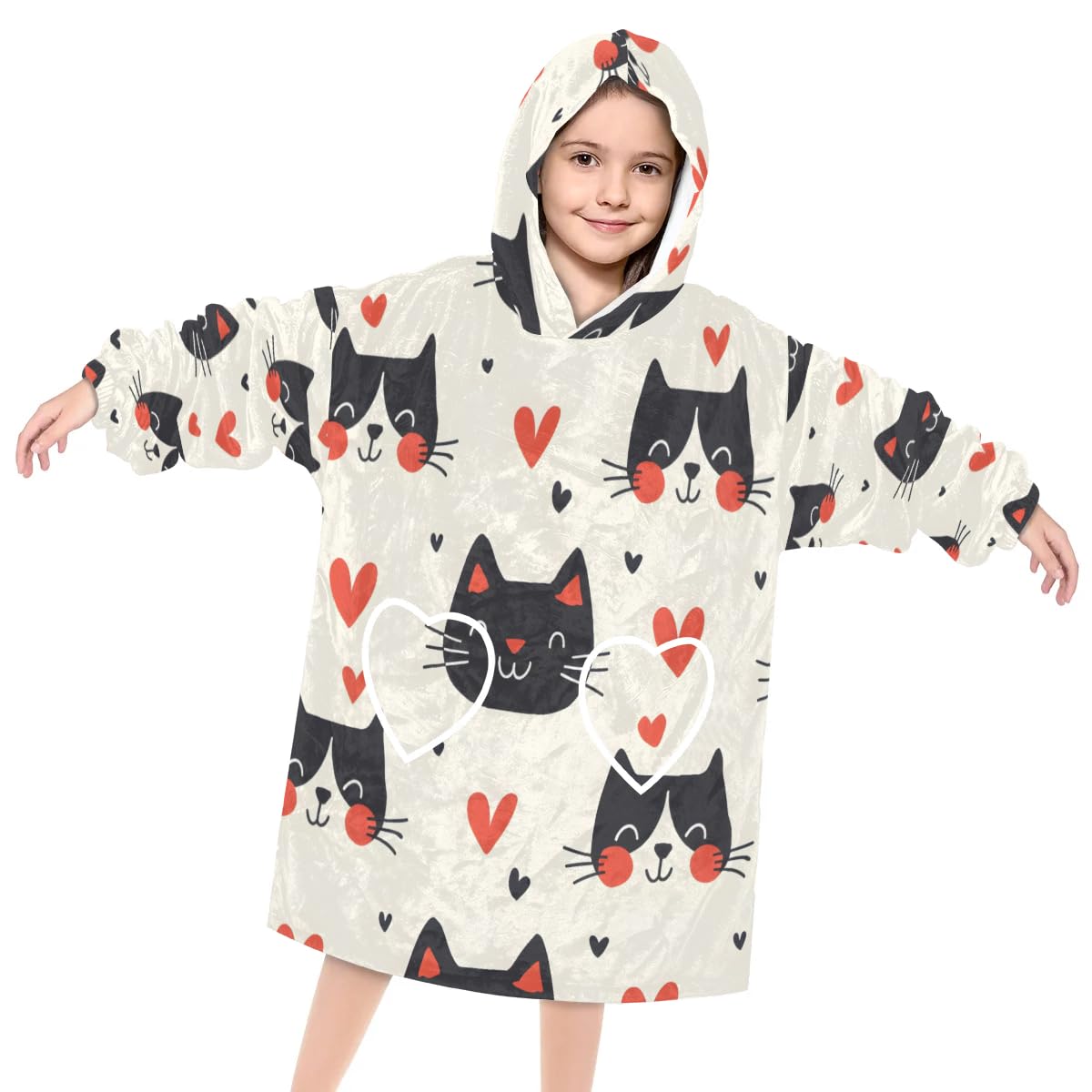 Wearable Blanket Hoodie for Kids, Scottish Fold Cat Fleece Sweatshirt Blanket Oversized Blanket Sweatshirt with Pocket Flannel Warm Hooded Blanket 6-10 Year Old Girl Boy Gift, One Size