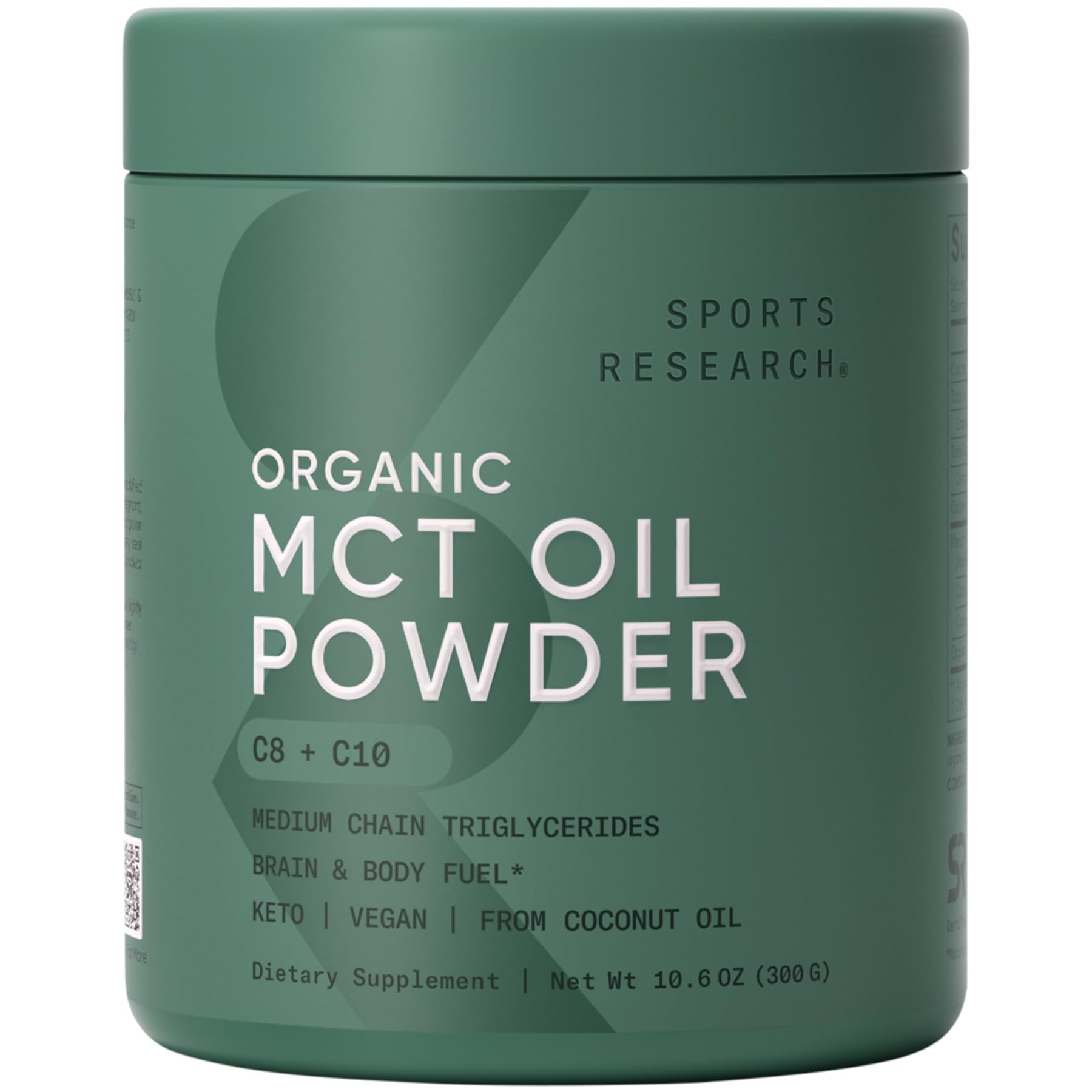 Sports Research Organic MCT Oil Powder - Keto & Vegan MCTs C8, C10 from Coconuts - Fatty Acid Brain & Body Fuel, Non-GMO & Gluten Free - Unflavored, Perfect in Coffee, Tea & Protein Shakes - 10.6 oz