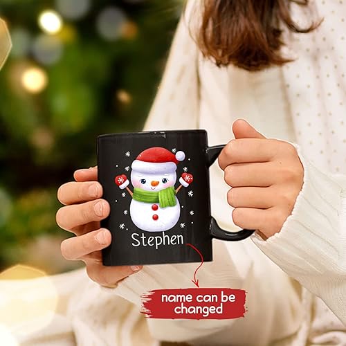 Miniatura 3 de Taza de cerámica personalizada de muñeco de nieve de Navidad, taza de café negra personalizada de muñeco de nieve de 11 onzas y 15 onzas, taza de
