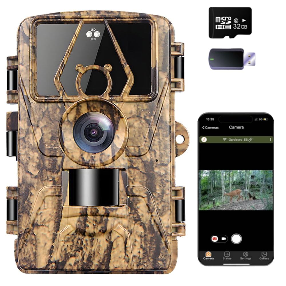 8K Video Wildlife Kamera, 60MP Full HD WiFi mit Handyübertragungs-App, Bewegungssensor, Nachtsicht, 0,1s Auslösezeit, Infrarot Wildlife Kamera mit 32G Speicherkarte & Karte