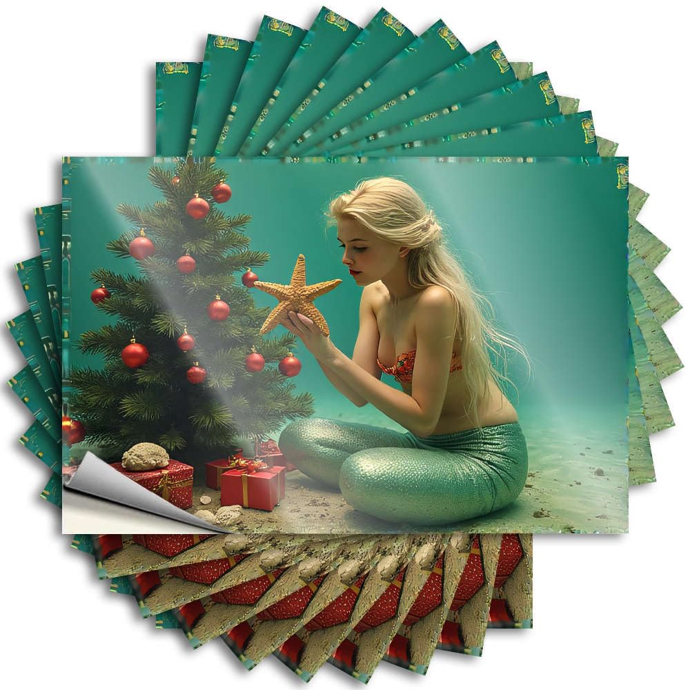 A Mermaid Holding A Starfish Underwater Near A Christmas Tree. Decal Tiki Self Adhesive | Fall Window Vinyl Sticker Pack for Texas(8X12CM)