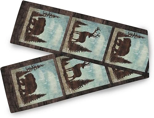 Miniatura 2 de Camino de mesa vintage de oso y ciervos de 13 x 70 pulgadas, estilo retro de animales del bosque occidental, estilo de vida silvestre, alce, alce,