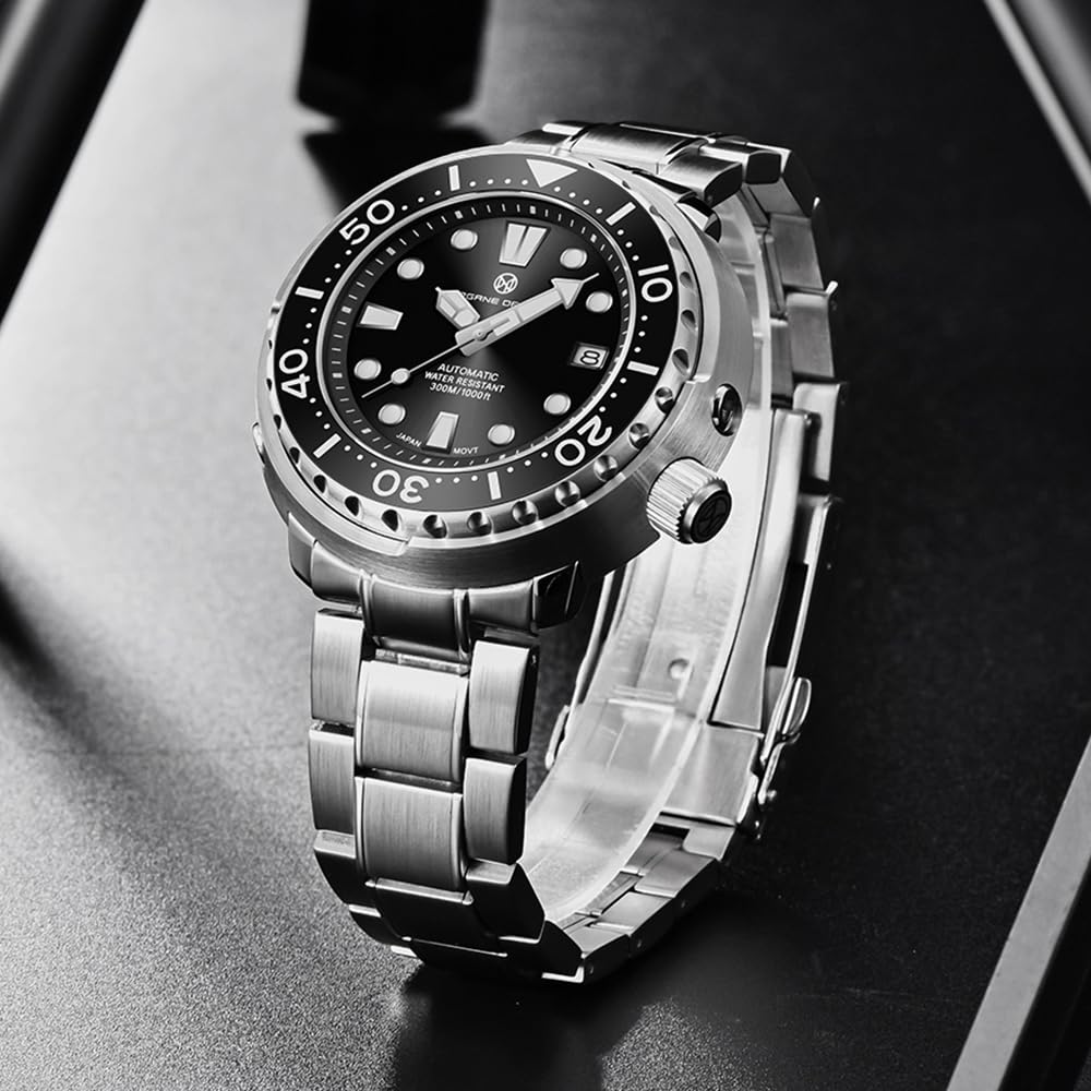 PAGRNE DESIGN Herrenuhren Automatische Armbanduhr Kratzfestes Synthetisches Saphirglas mit Datumsanzeige Gummi-Umweltschutzarmband