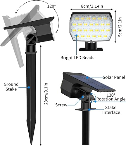 Miniatura 7 de Luces solares de 3 colores para exteriores, impermeables, IP65, para patio, 52 LED, 600 lúmenes, focos solares de paisaje, luces de pared de