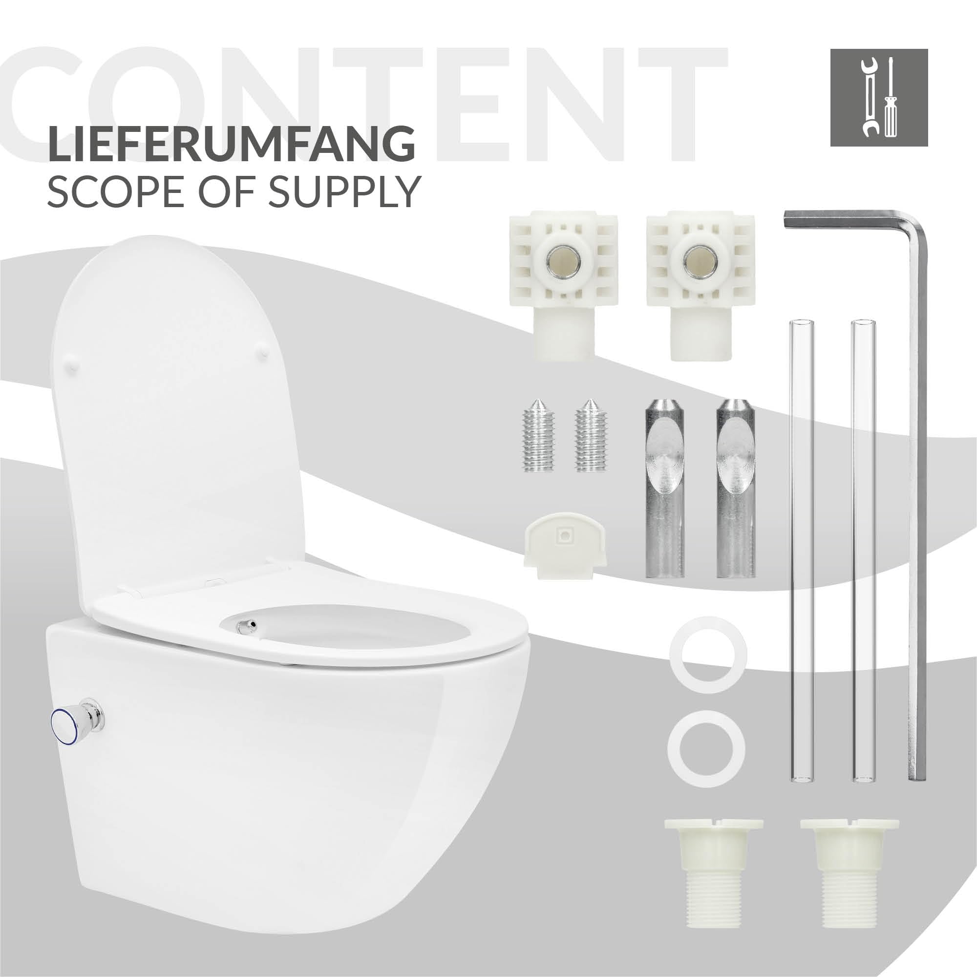 LuxeBath WC Suspendido con Función Bidé Blanco Brillante de Cerámica sin Borde, Inodoro Colgante Corto 49 cm con Nanorecubrimiento Descarga Profunda de Tornado para Baño, Wáter con Asiento Extraíble