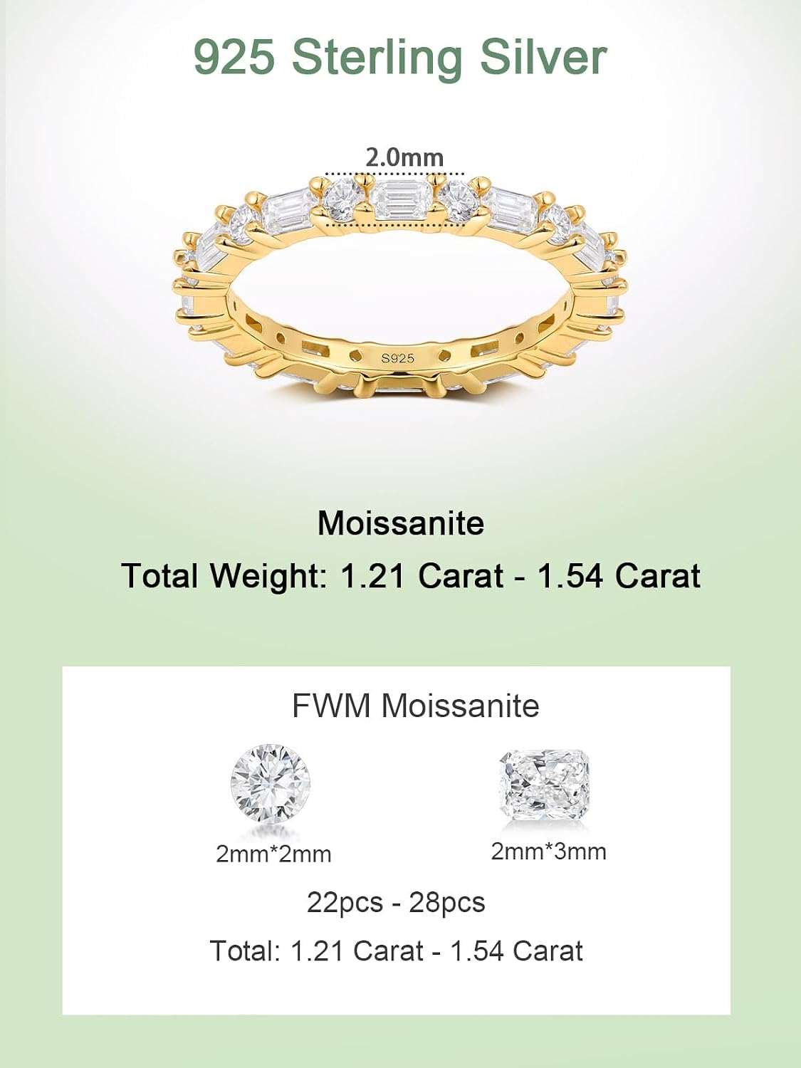 FWM Moissanite and Sapphire/Ruby/Emerald Full Eternity Rings for Women, Solid 925 Sterling Silver, Yellow Gold Plated, Anniversary Birthday Mothers Day Jewelry Gift, Stackable Wedding Ring, Size 5-9