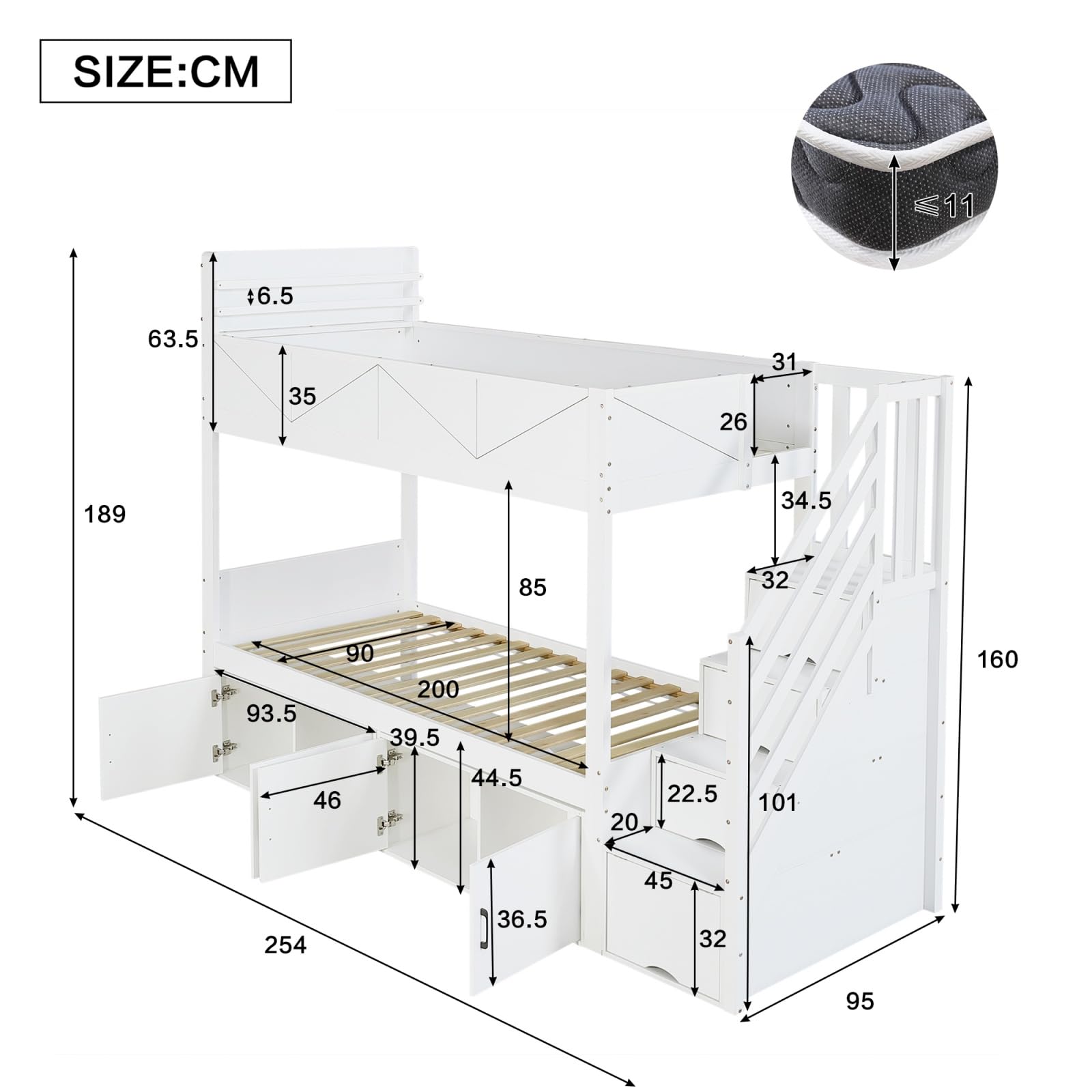 Sweiko Lit Superposé Enfant 90x200cm avec 4 Armoires, Escalier de Rangement