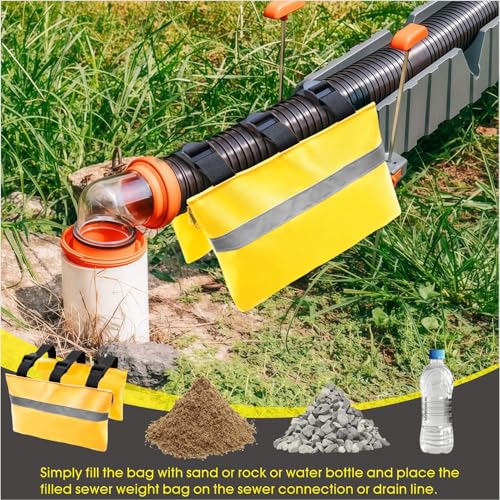 Image of 3 Pcs RV Sewer Hose Weight Bags with Reflective Strip Waste Hose Fastening Device Camper Trailer Sewer Hose Support Hold Down Prevents Dislodging and Accidental Spillage (Yellow)