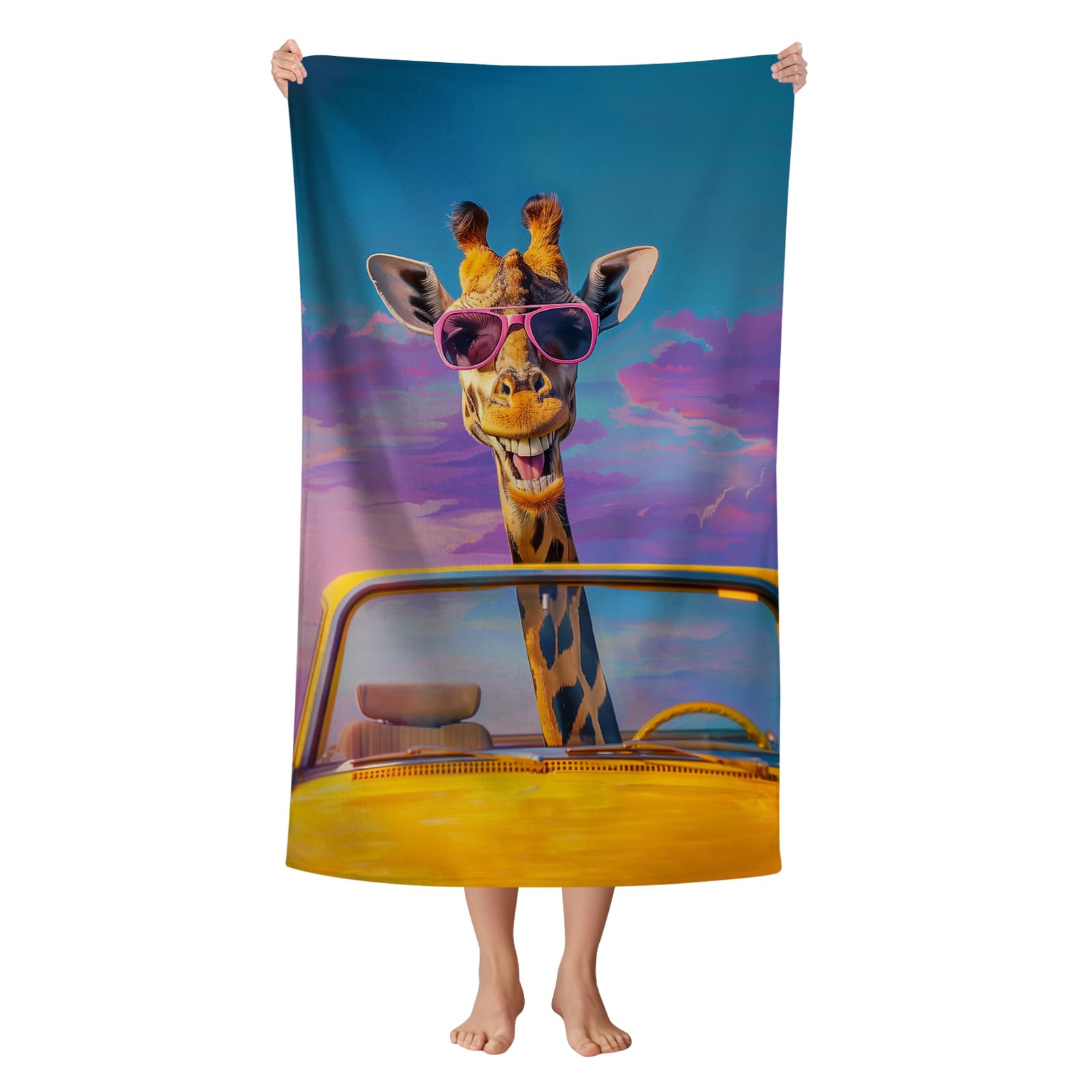 WZOMT Funny Giraffe Beach Towel for Women Girls Kids, Cute Giraffe Driving a Car Yellow Purple Towels, Microfiber Quick Dry Bath Towel for Swim/Surf/