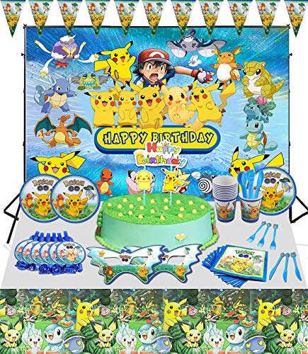 veeyiki 109 PCS Conjunto de Suministros Para Fiestas de Tema P0keM0NSurprise,Mantel,Plato,Servilleta,Banderín,Soplador,Cuchillo, Cuchara,de Tenedor,Vaso de Papel,Máscara,Adorno Para Vela de Pastel