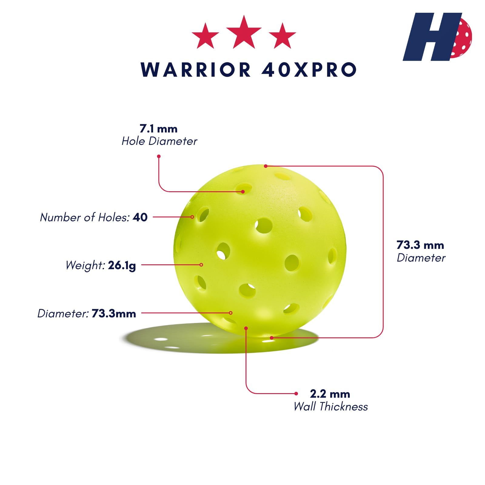 Hero Pickleball Warrior 40XPRO - Set of 12 Durable Pickleball Balls. Meets USA Pickleballs Requirements. Works with All Pickleball Paddles Consistent Flight & Spin - 40 Machine-Drilled Holes 4