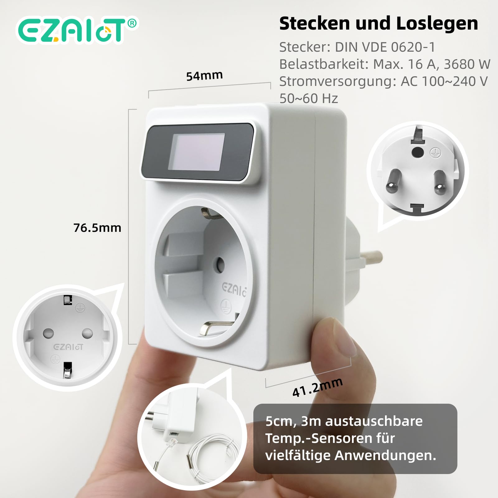 Steckdosen-Thermostat WLAN - Heizung/Kühlung und Zeitschaltuhr mit 3m und 5cm Fühler, Digitaler Temperaturregler für Gewächshäuser, Aquarien, 230V, OLED Bildschirm
