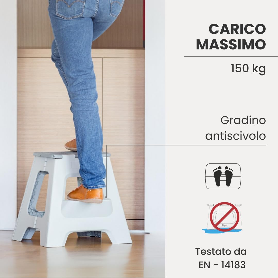 Vigar Compatto Sgabello Pieghevole per Adulti, 40 cm, 2 Gradini, Sgabello Pieghevole Portatile Antiscivolo per Casa, Cucina, Bagno, Campeggio, Doccia, Supporta fino a 150 kg, Grigio