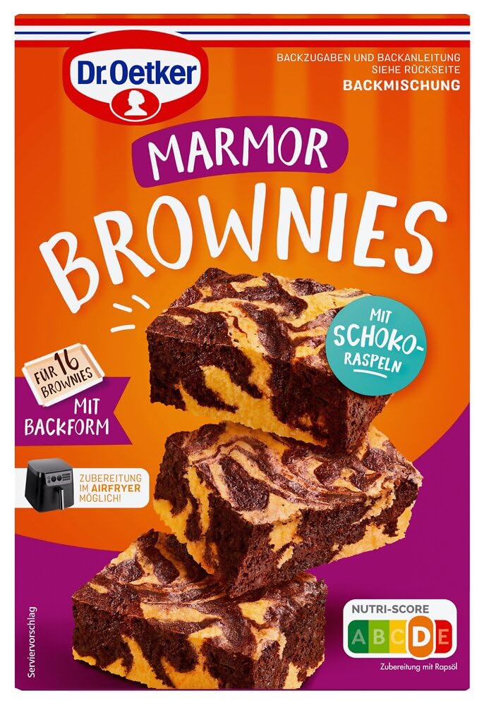 Dr. Oetker Brownies Marmor, 8 x 450 g, Backmischung für marmorierten Rührteig, zum Zubereiten von 16 individuell marmorierten Brownies, inkl. praktischer Backform