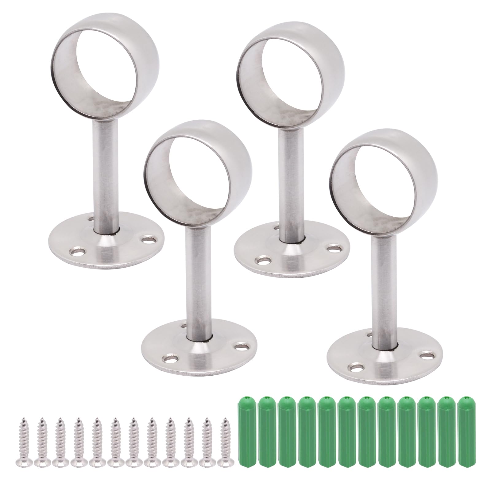 4PCS Closet Pole Socket, 1-1/4 Inch Stainless Steel Closet Rod Bracket High Flange Heavy Duty Closet Rod Holders for Curtain Shower Ceiling Mount Curtain Rod Bracket with Screws Silver