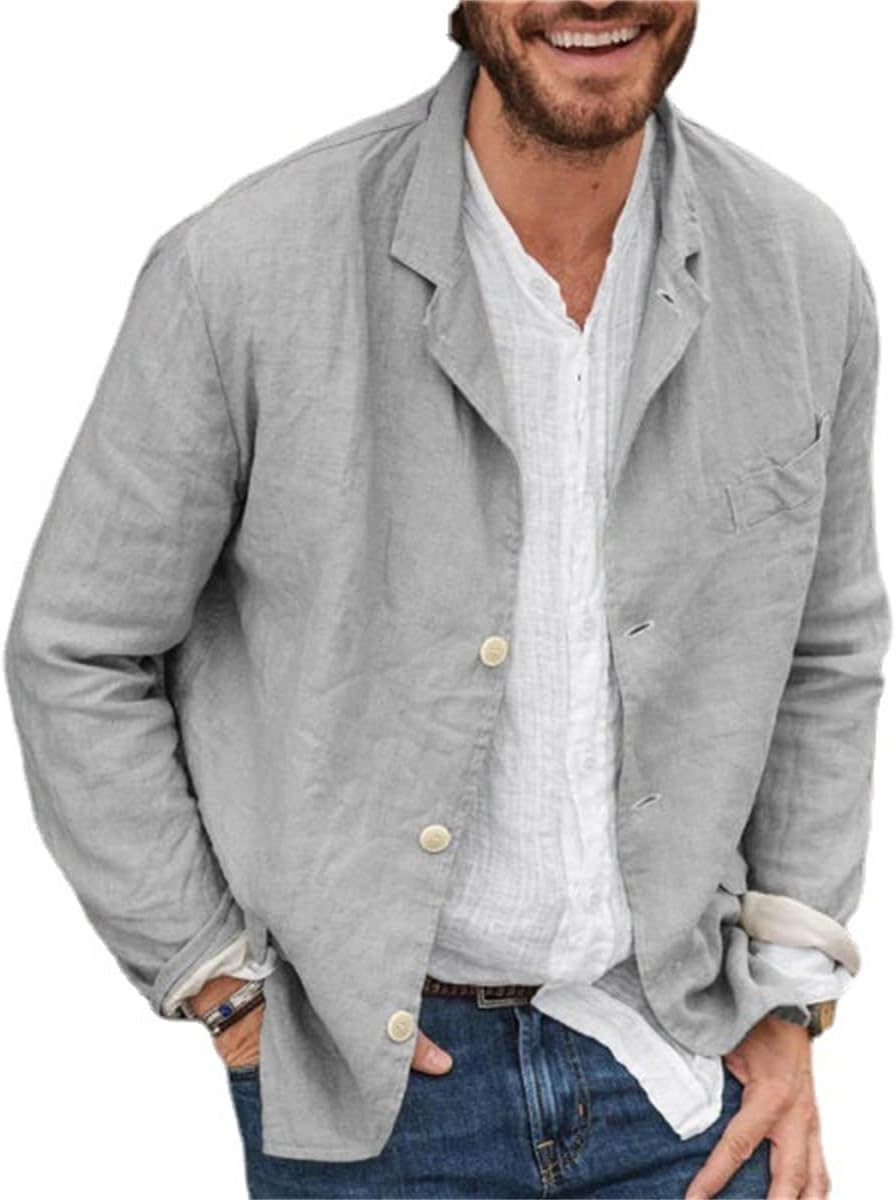 Men's Casual Shirt Jacket Cotton Linen Shacket Lightweight Work Coat Long Sleeve Button Down Overshirt Summer Tops