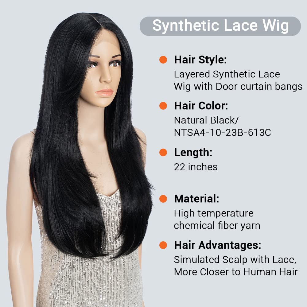 FASHION IDOL Lace Front Wig for Women Synthetic Natural Black Door Curtain Multi-layered Flared Bangs in the Split Lace Hair Stitching Color Wig 28 Inches 150% - Image 2