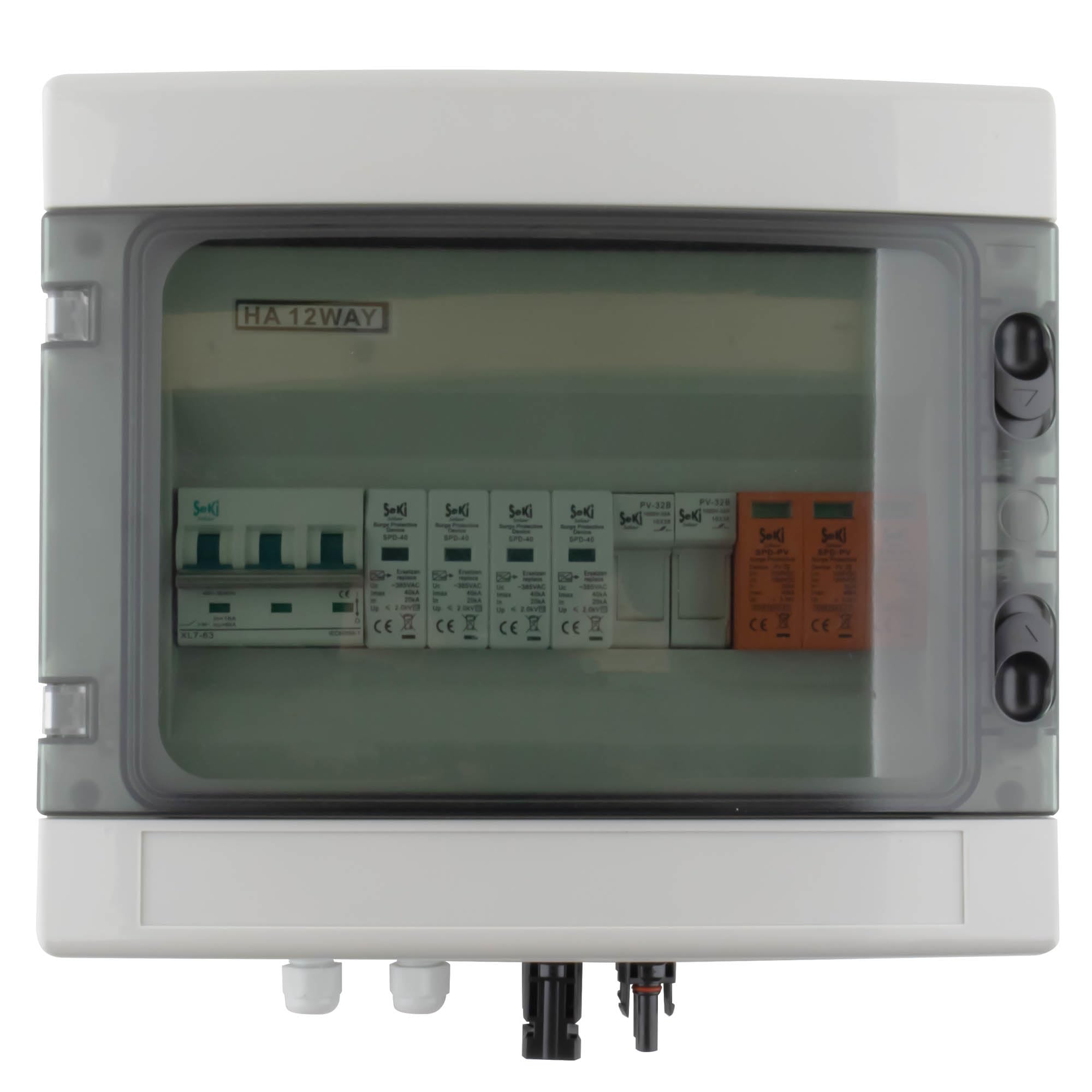 SeKi AC/DC 1 łańcuch 3P DC, 4P AC T2 skrzynka przyłączeniowa solarna ochrona przed przepięciem/ochrona odgromowa 32 A 1000 V; obudowa natynkowa IP65 12 modułów; fotowoltaika PV