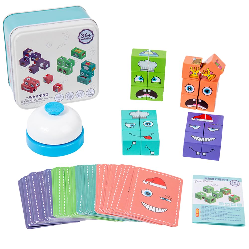 3D Face Changing Magic Cube Game,Wooden Magic Cube Puzzle With Small Bell,Family Parent Child Battle Board Game&Suitable For Kid Christmas And Birthday Gifts,Multi-Colour Thinking Challenge Game