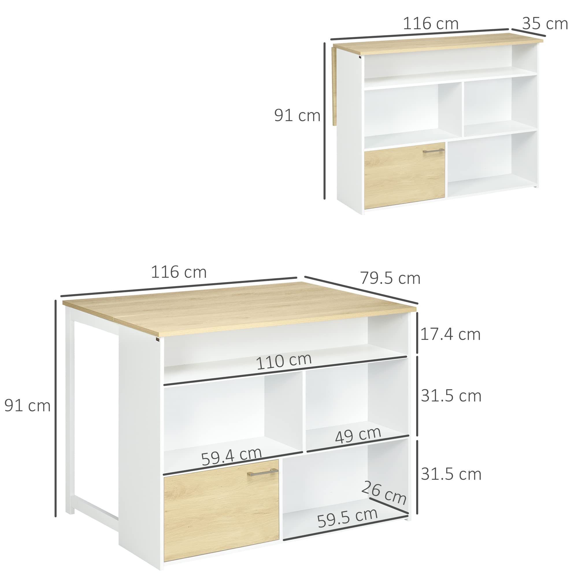 HOMCOM Tavolo da Bar Moderno ed Estensibile in MDF per 2 Persone con 4 Ripiani Aperti e Armadietto, 116x79.5x91 cm, Bianco e Color Legno