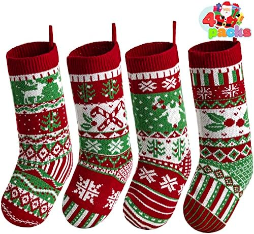 JOYIN 4 Pack 45cm Christmas Stockings, Large Size Rustic Cable Knit Xmas Stocking in Red & Green, for Family Holiday Season Decorations