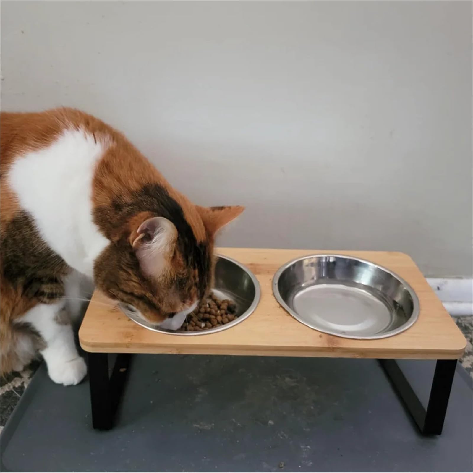 Um 15° geneigte Katzennäpfe mit Matte. 2 Edelstahlnäpfe
