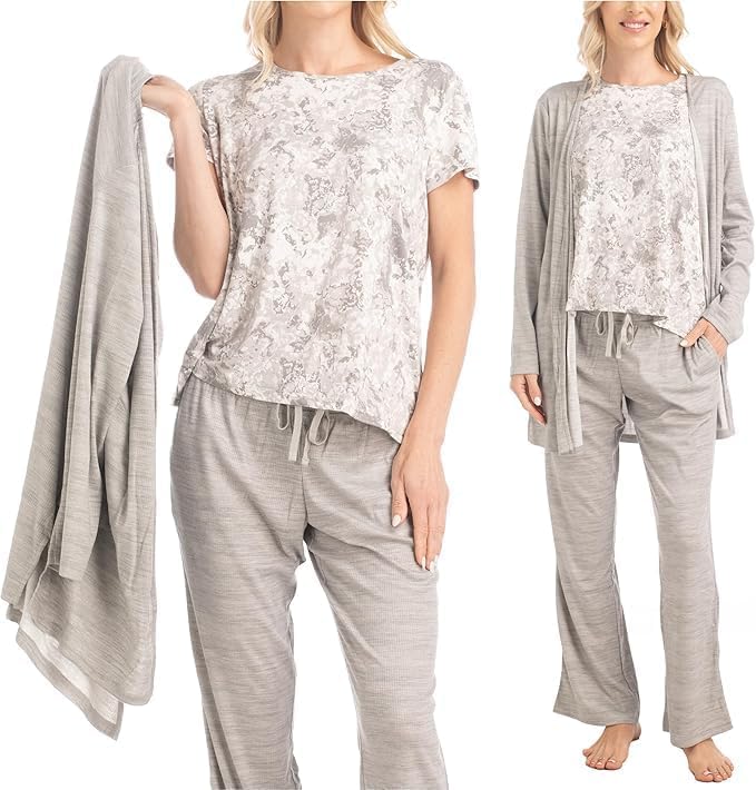 MUK LUKS 3 Piece Womens Pajamas - Anything Sleep and Lounge Set Matching Long Sleeve Cardigan Conjunto de