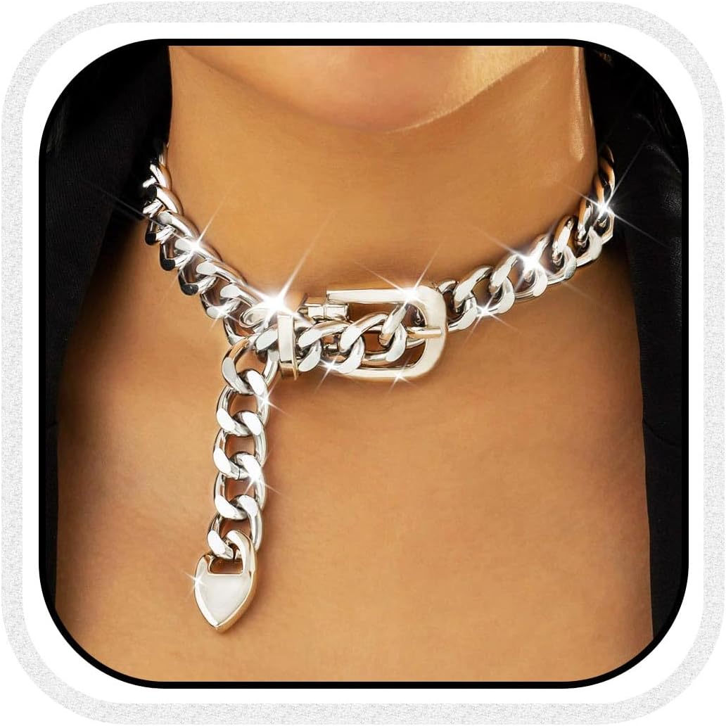 Nicute Gold Chunky Choker Necklace Cuban Link Chain Thick Belt Chain Necklace for Women