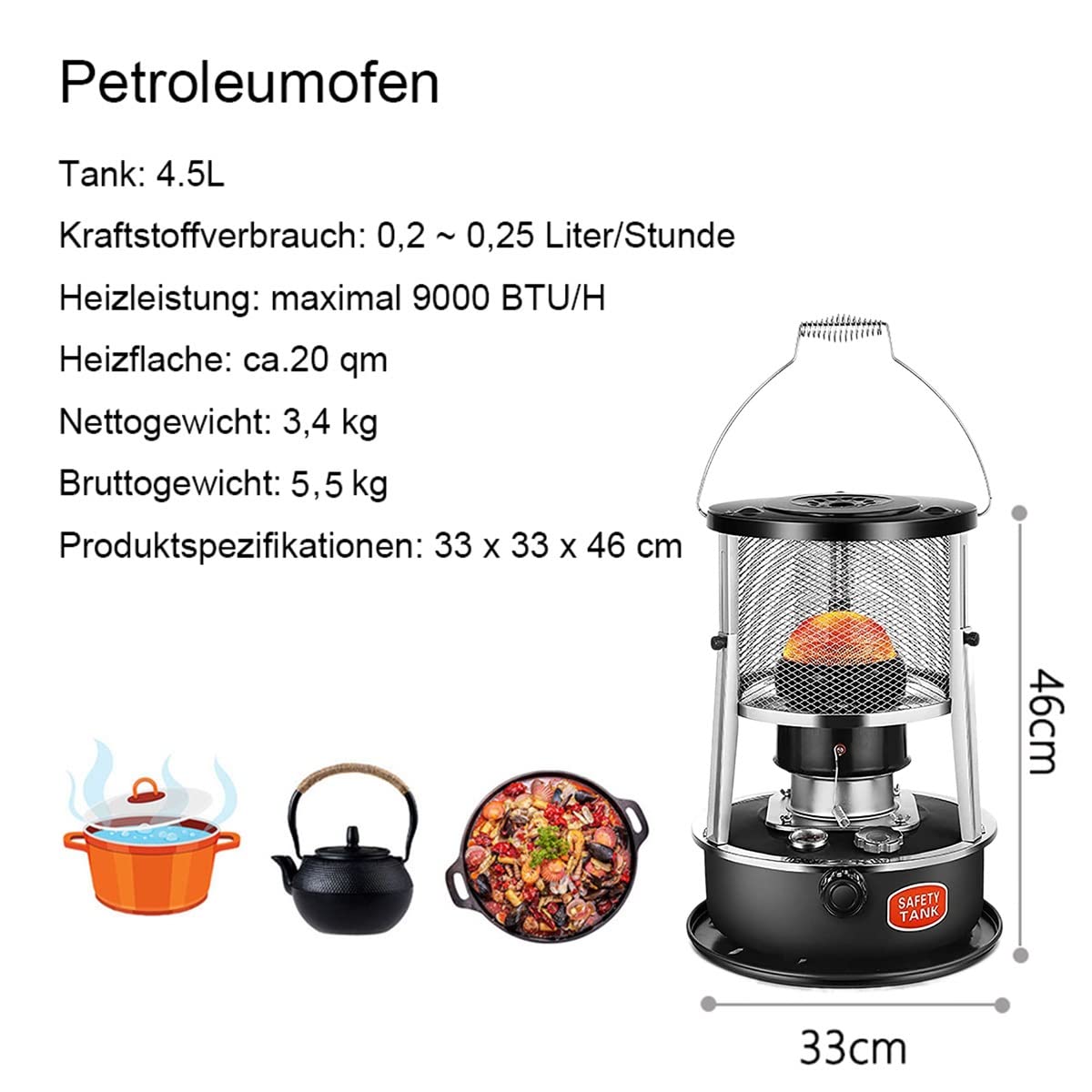 Calentadores de Parafina - Estufa de Queroseno, Quemador de Queroseno para Interiores Y Exteriores, 4.5L Negro, 360 de Calentamiento Alrededor/4.5L-3 Dochte-2 Handschuhe