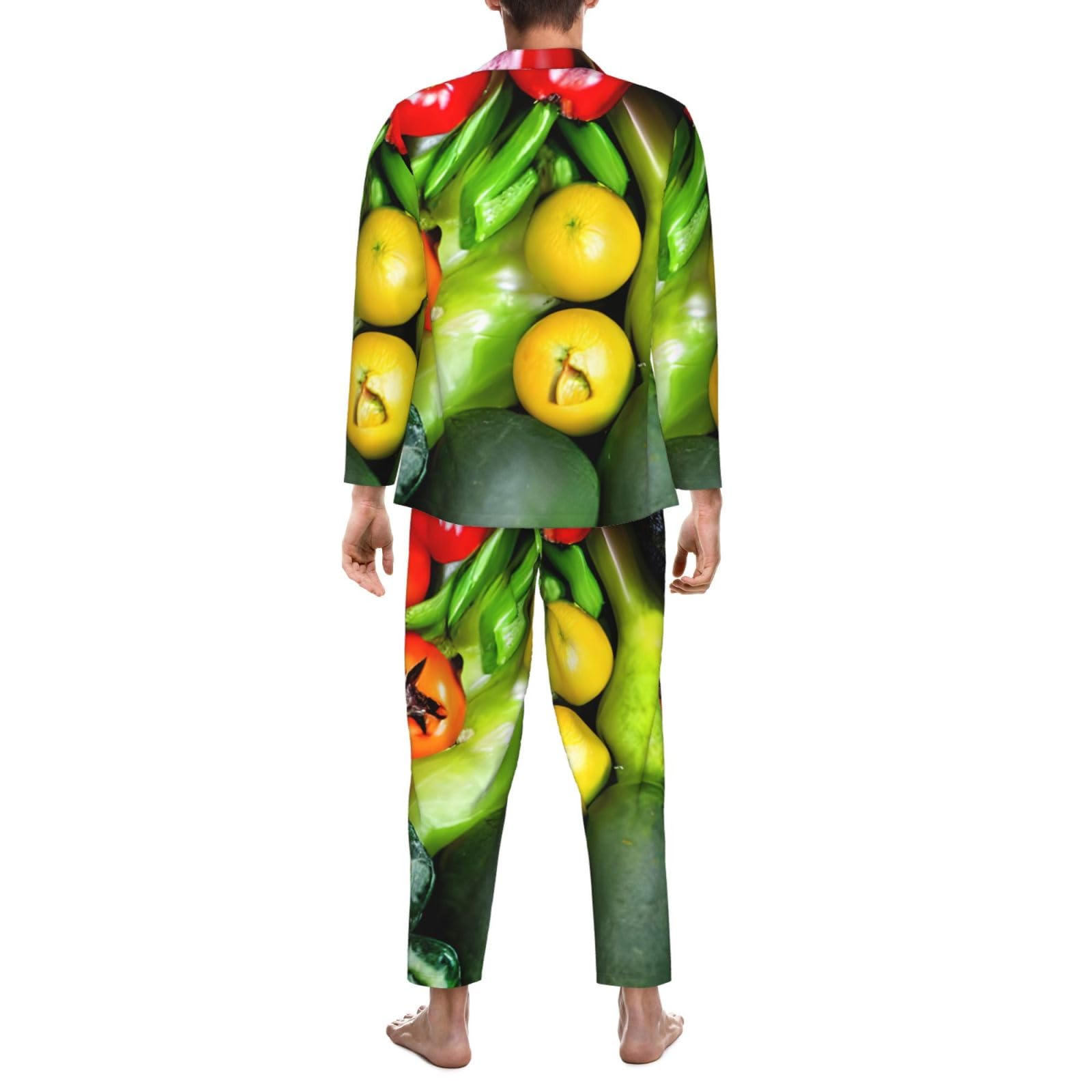 Conjunto de pijama de manga larga para hombre con estampado de frutas y verduras frescas, ropa de dormir transpirable y cómoda