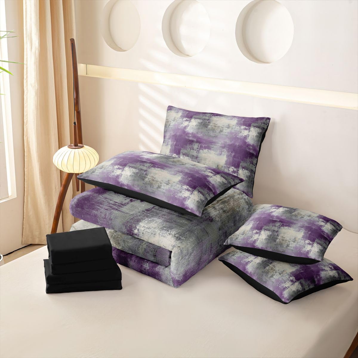Loussiesd Set di biancheria da letto con copripiumino per letto singolo, 7 pezzi, motivo geometrico, arte ombré, per bambini, ragazzi e ragazze, con copripiumino, lenzuola, federe, federe