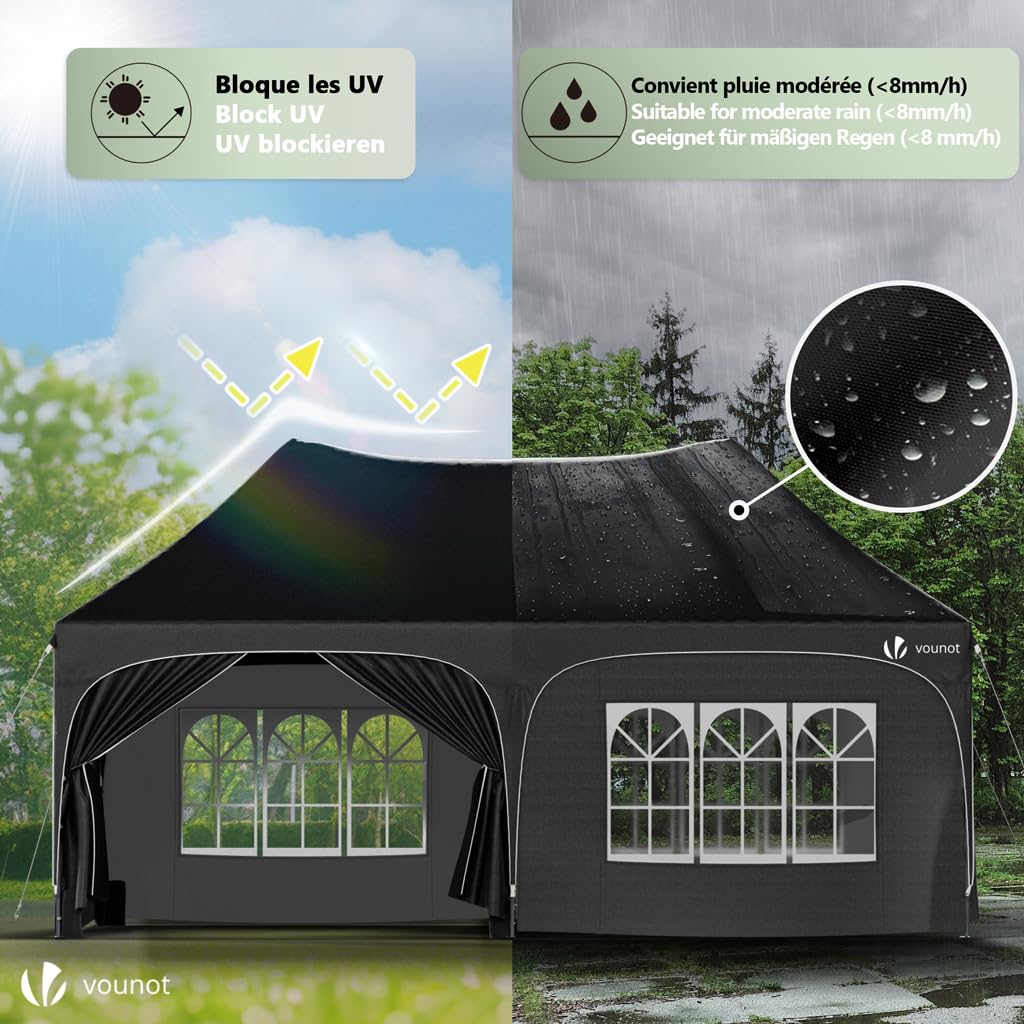 VOUNOT® Gazebo Pieghevole 3x6m Impermeabile con 6 Pareti Laterali Nero