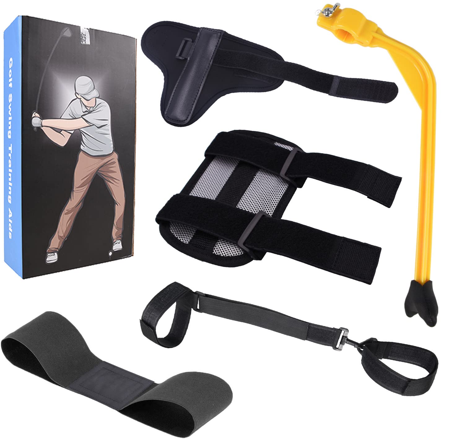 Golf Swing Training Aids Set, Golf Swing Trainer with Arm Band, Wrist Brace Band, Elbow Correction, Wrist Hinge Trainer, Leg Rod Corrector for Men Women Golfer Golf Swing Training Improve Golf Level