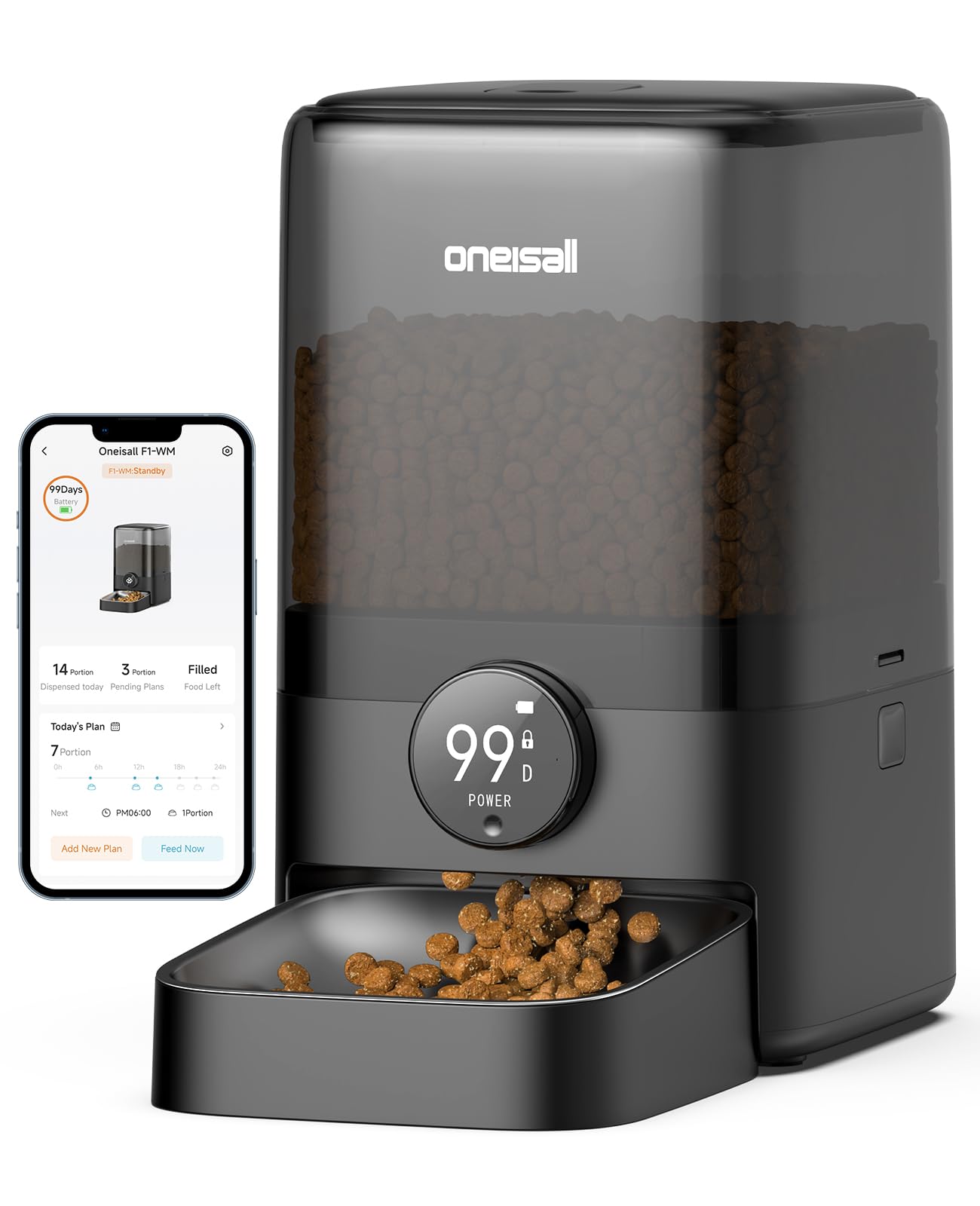 Photo 1 of oneisall Cordless WiFi Automatic Cat Feeder, Rechargeable 100-Day Battery Operated Pet Feeder, 20 Cups/5L Timed Cat Food Dispenser for Large Kibble, Smart App Control (Black)