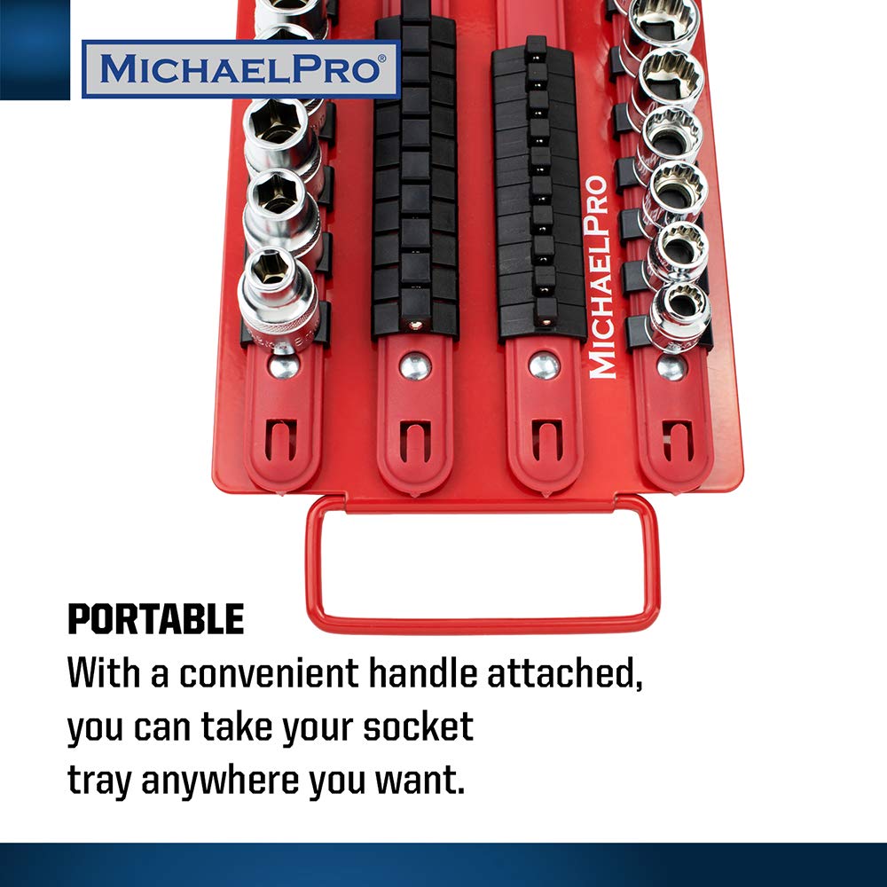 MichaelPro MP014003 3-Pc Magnetic Socket Organizer- 1/4-inch, 3/8-Inch & 1/2-Inch Drive Magnetic Socket Holder Kit in SAE, Professional Grade Socket Organizers for Toolboxes/Cabinets (SAE), Red