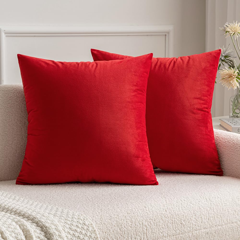 MIULEE Pack of Christmas Bright Red Velvet Throw Pillow Covers 18x18 Inch  Soft Solid Decorative Square Set Cushion Cases for Spring Couch Sofa