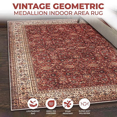 Superior Washable Indoor Large Area Rug, Vintage Geometric Home Floor Throw, Decor For Office, Living Room, Dining/Kitchen, Soft Rugs, Farmhouse, Felt Dot Backed, Toucan Collection, 2' 7" X 8', Beige #TOP2