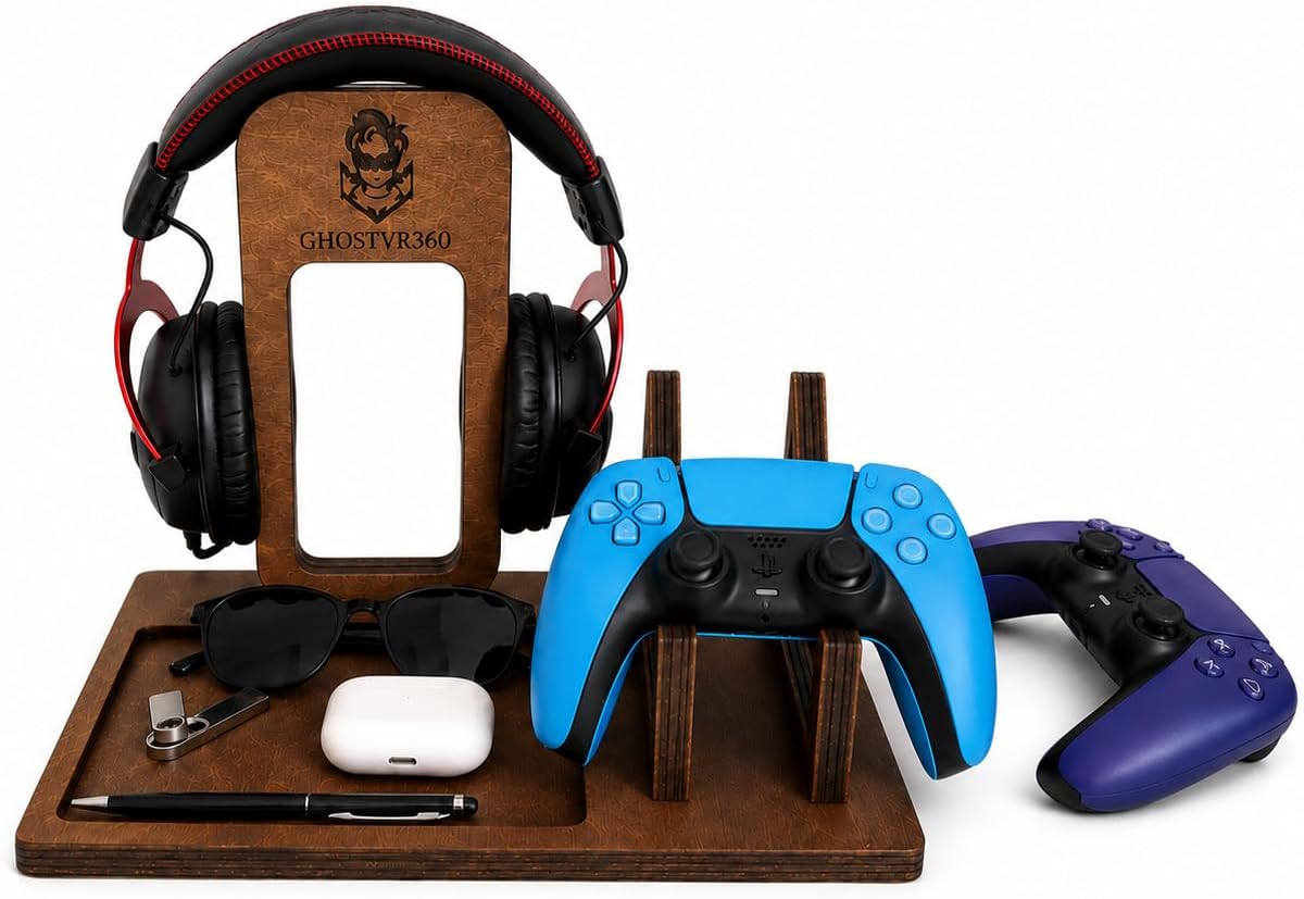 Personalized Wooden Gaming Headset & Controller Stand, Custom Headphone Holder with Dual Controller Organizer and Accessory Tray, Gamer Desk Organizer, Gift for Gamers