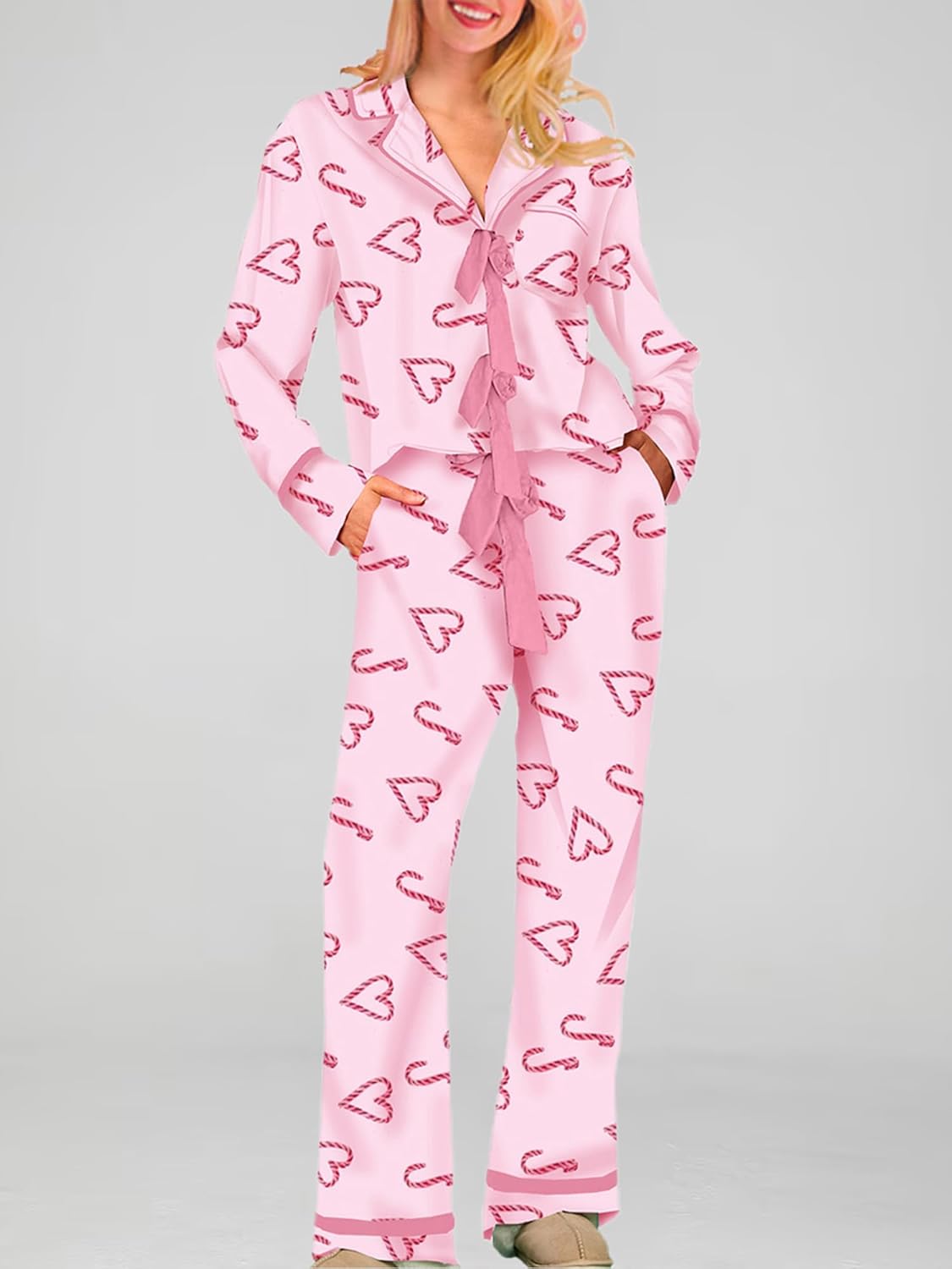 Bow Pajamas Set for Women Cute Bow Tie Long Sleeve Shirt Pants Satin Silk Heart 2 Piece Pjs Set Sleepwear - Image 2