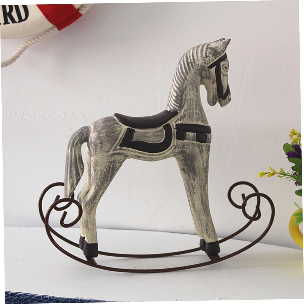 2pcs Wooden Rocking Horse Figurines Handmade Vintage Animal Decor for Home Desktop Adornment Grey