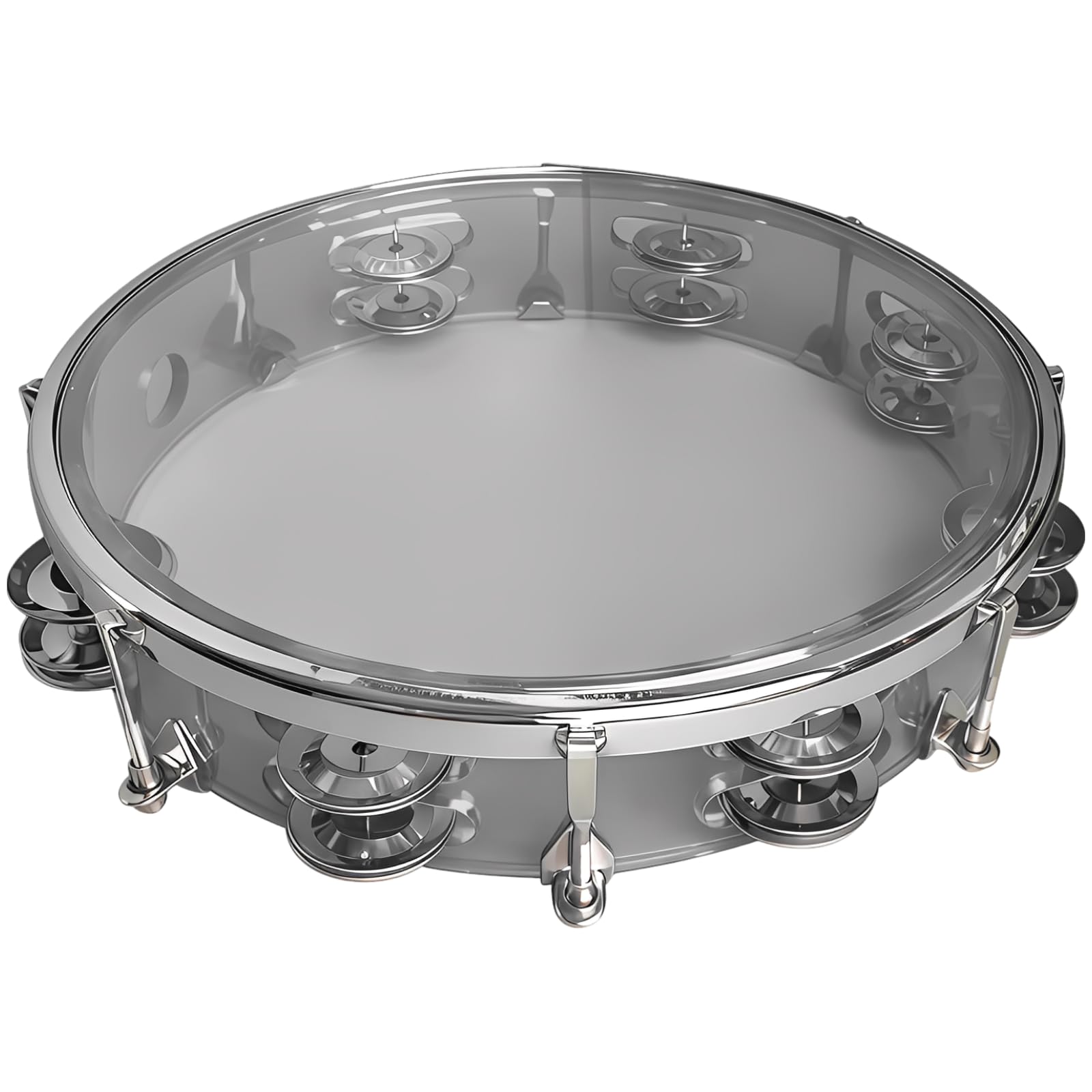 Tamburin mit doppelter Reihe, 10 Zoll / 25 cm, verstellbar, transparentes Percussion-Instrument mit Metallrahmen, leichtes Handtamburin für junge Musiker und Auftritte, Silber