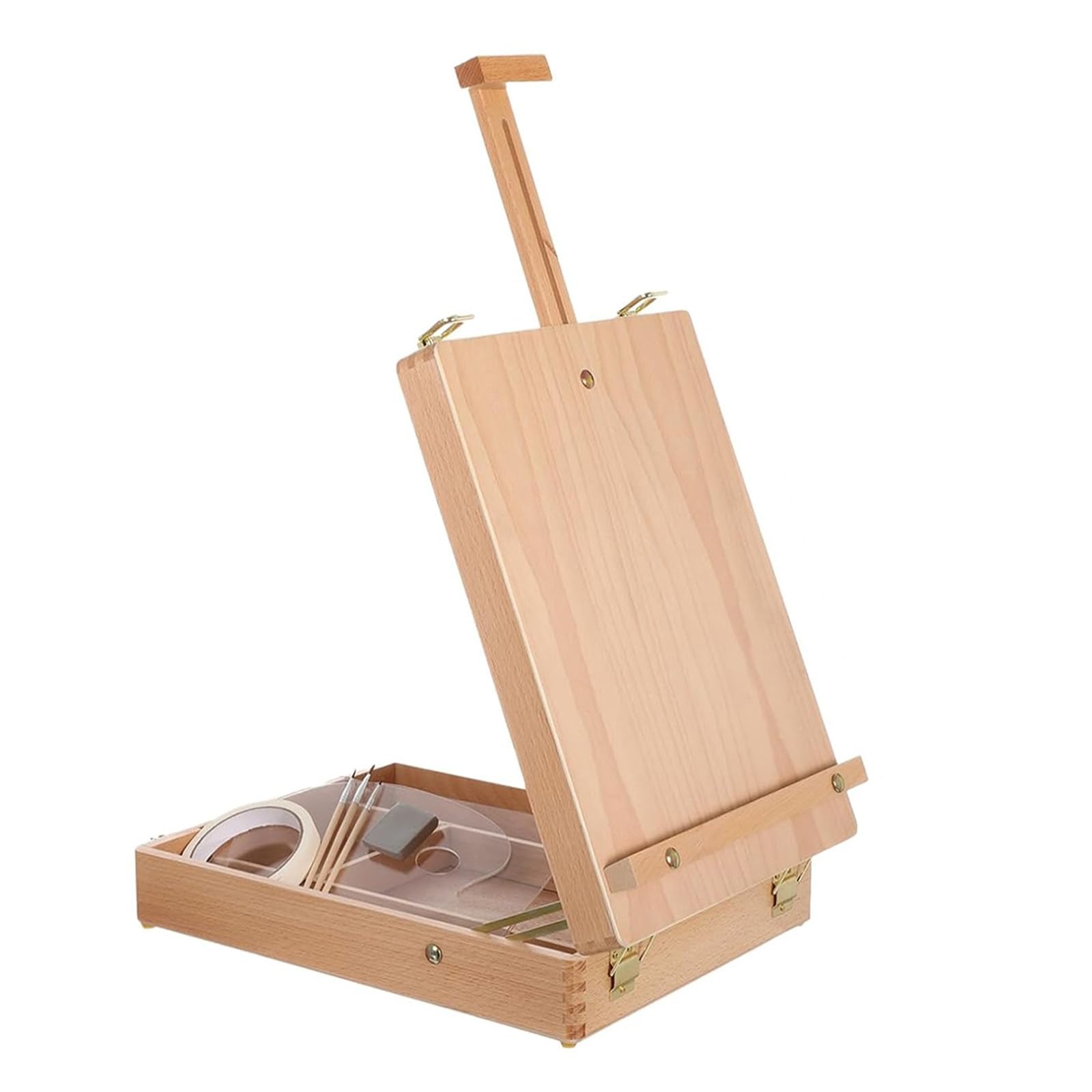 Holz Skizzenkasten, Kunstständer, tragbares Tisch Malset mit verstellbarer Leinwandstütze, geteiltem Stauraum, 2 transparenten Paletten und 3 Pinseln, Desktop Malkasten, faltbarer Kunstständer,