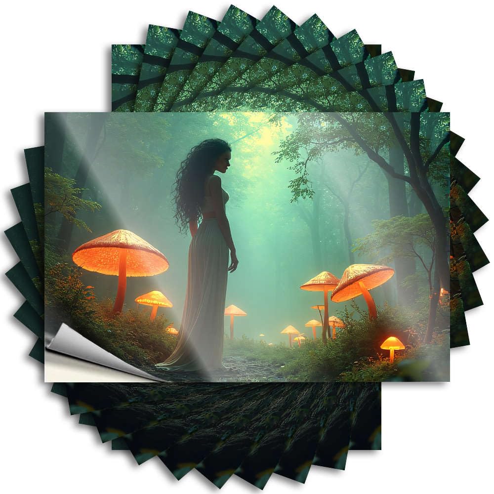 A Woman in A Flowing Dress Stands Amidst Glowing Mushrooms in A Mystical Forest. Hat Books - Backyard Bar Decor Decal Self Adhesive Sticker(8X12CM)